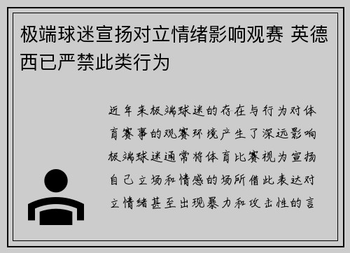 极端球迷宣扬对立情绪影响观赛 英德西已严禁此类行为 极端球迷宣扬对立情绪影响观赛 英德西已严禁此类行为